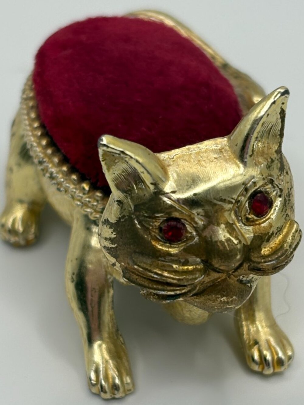 Vintage Florenza Cat Pin Cushion Bobble Head Red Velvet Gold Tone 1950s MCM